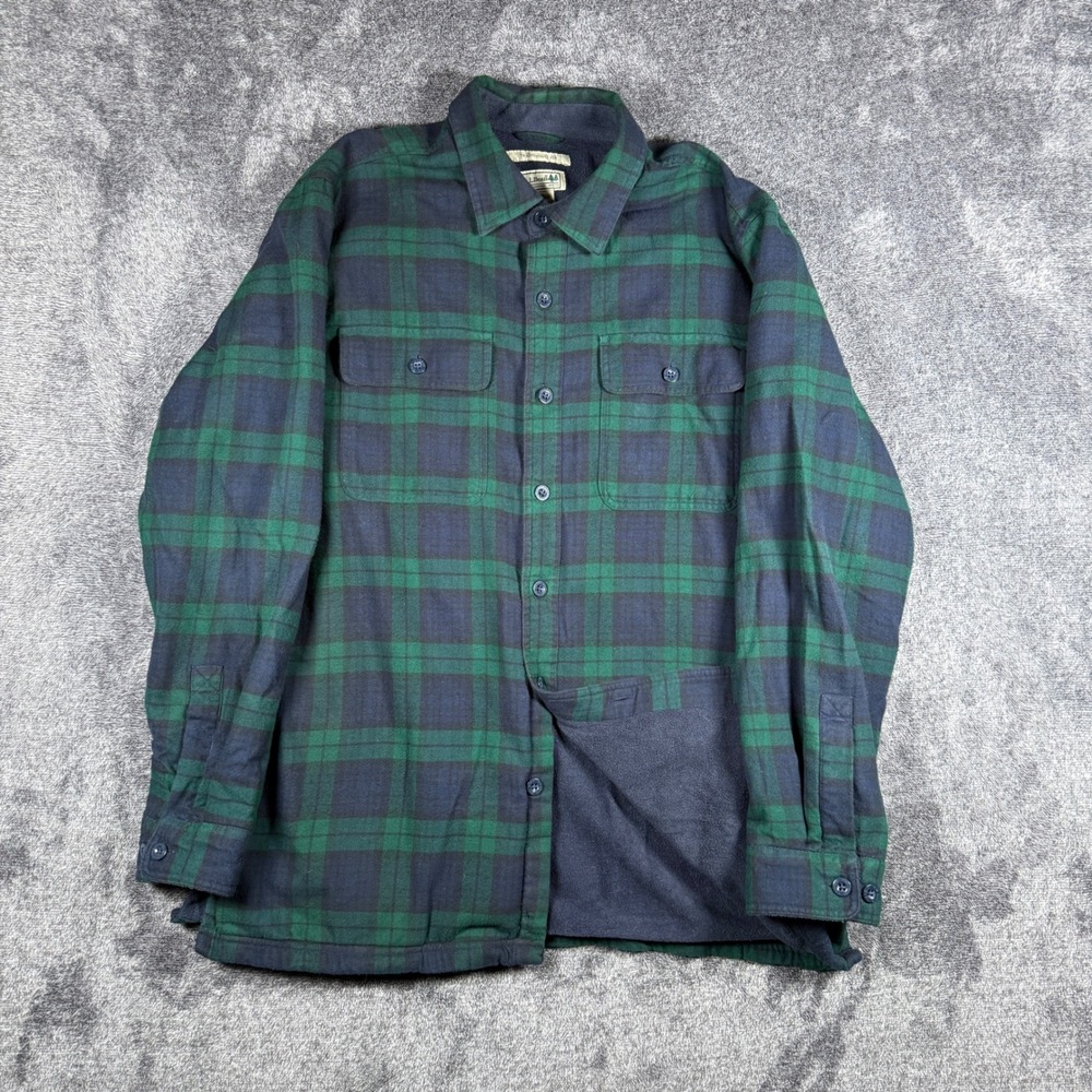 LL Bean Mens Large Fleece Lined Flannel Shirt Green Navy Plaid 298189